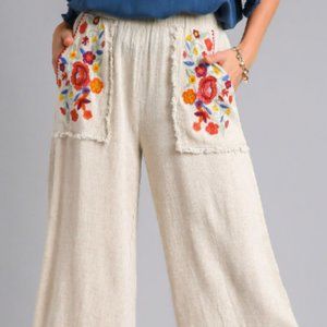 Umgee Cream Wide Leg Pants with Floral Embroidery